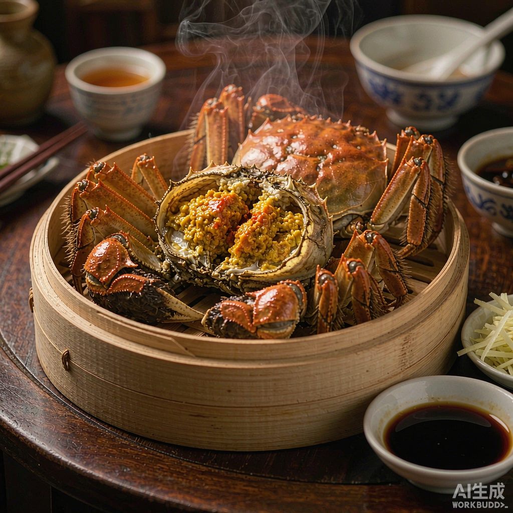 清蒸大闸蟹揭开蟹壳露出金黄蟹黄，配姜丝香醋